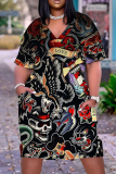Halloween Costumes Skull Print  V Neck Short Sleeve Loose Pockets Midi T-Shirt Dress