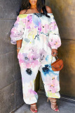 Casual Graphcis Print Off Shoulder Long Sleeve Pockets Harem Jumpsuits