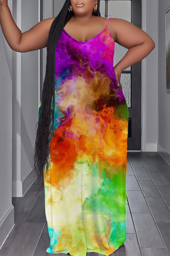 Tie Dye Print Backless Spaghetti Strap Floor Length Vacation Baggy Sundress Slip Maxi Dress