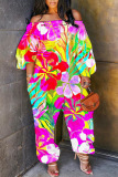 Casual Graphcis Print Off Shoulder Long Sleeve Pockets Harem Jumpsuits