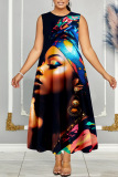 Casual Figure Print O Neck Sleeveless Long Loose Vacation Plus Size Pleated Maxi Tank Dresses