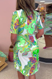 Casual Boho Floral Print V Neck Short Sleeve Vacation Loose Mini Shirt Dress