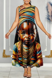 Casual Figure Print O Neck Sleeveless Long Loose Vacation Plus Size Pleated Maxi Tank Dresses