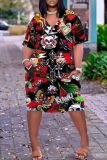 Halloween Costumes Skull Print  V Neck Short Sleeve Loose Pockets Midi T-Shirt Dress