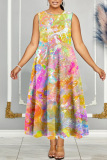 Casual Graphics Print O Neck Sleeveless Long Loose Vacation Plus Size Pleated Maxi Tank Dresses