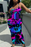Casual Graphics Print Backless Spaghetti Strap Long Vacation Plus Size Bodycon Maxi Slip Dresses
