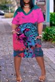 Casual Graphics Print Basic V Neck Short Sleeve Loose Pockets Midi T-Shirt Dress