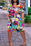Halloween Costumes Skull Print  V Neck Short Sleeve Loose Pockets Midi T-Shirt Dress