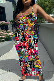 Casual Graphics Print Backless Spaghetti Strap Long Vacation Plus Size Bodycon Maxi Slip Dresses