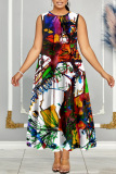 Casual Graphics Print O Neck Sleeveless Long Loose Vacation Plus Size Pleated Maxi Tank Dresses