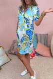 Casual Boho Floral Print V Neck Short Sleeve Vacation Loose Mini Shirt Dress