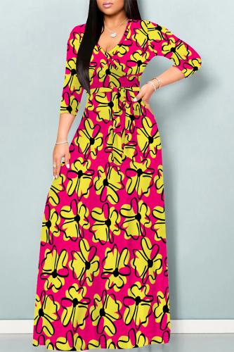 Casual Floral Print V Neck Half Sleeve Floor Length Belted Long Vacation A Line Maxi Dress