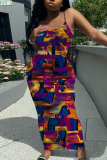 Casual Graphics Print Backless Spaghetti Strap Long Vacation Plus Size Bodycon Maxi Slip Dresses