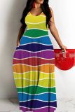 Rainbow Color Graphics Print Backless Spaghetti Strap Floor Length Vacation Baggy Sundress Slip Maxi Dress