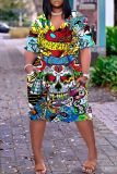 Halloween Costumes Skull Print  V Neck Short Sleeve Loose Pockets Midi T-Shirt Dress