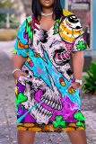 Halloween Costumes Skull Print  V Neck Short Sleeve Loose Pockets Midi T-Shirt Dress