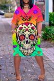 Casual Graphics Print Basic V Neck Short Sleeve Loose Pockets Midi T-Shirt Dress