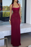 Sleeveless Backless Lace Up One Step Skirt Halter Bodycon Formal Holiday Party Maxi Dress