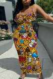 Casual Graphics Print Backless Spaghetti Strap Long Vacation Plus Size Bodycon Maxi Slip Dresses