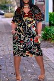 Halloween Costumes Skull Print  V Neck Short Sleeve Loose Pockets Midi T-Shirt Dress