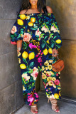 Casual Graphcis Print Off Shoulder Long Sleeve Pockets Harem Jumpsuits