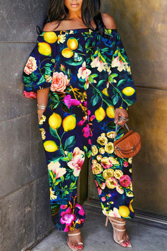 Casual Graphcis Print Off Shoulder Long Sleeve Pockets Harem Jumpsuits
