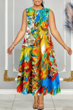 Casual Graphics Print O Neck Sleeveless Long Loose Vacation Plus Size Pleated Maxi Tank Dresses