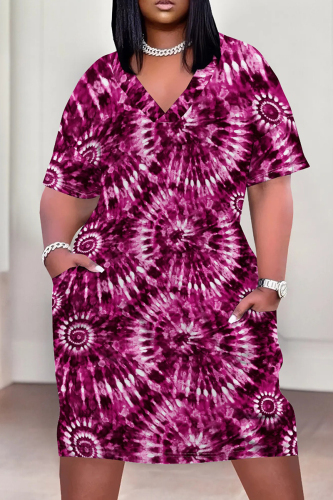 Casual Graphics Print Basic V Neck Short Sleeve Loose Pockets Midi T-Shirt Dress