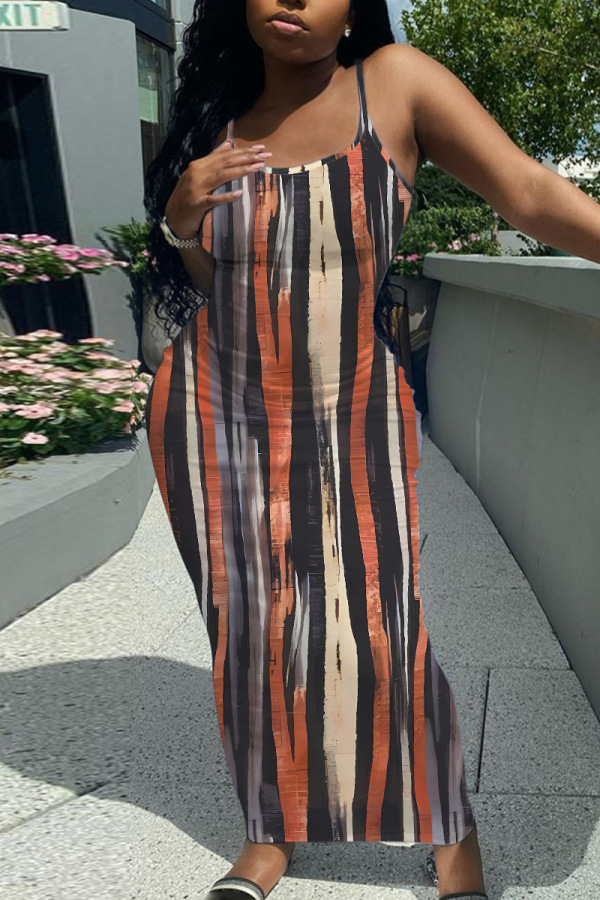 Casual Graphics Print Backless Spaghetti Strap Long Vacation Plus Size Bodycon Maxi Slip Dresses