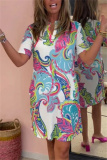 Casual Boho Floral Print V Neck Short Sleeve Vacation Loose Mini Shirt Dress