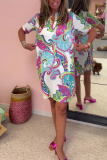 Casual Boho Floral Print V Neck Short Sleeve Vacation Loose Mini Shirt Dress
