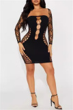 Backless Long Sleeve Hollow Out Party Evening Mesh Bodycon Mini Dresses