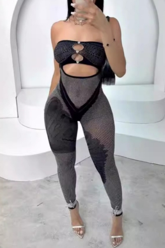 Backless Strapless Cut Out Mesh Night Club Skinny Tube Top Jumpsuits