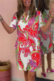 Casual Boho Floral Print V Neck Short Sleeve Vacation Loose Mini Shirt Dress