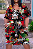 Halloween Costumes Skull Print  V Neck Short Sleeve Loose Pockets Midi T-Shirt Dress