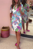 Casual Boho Floral Print V Neck Short Sleeve Vacation Loose Mini Shirt Dress