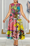 Casual Graphics Print O Neck Sleeveless Long Loose Vacation Plus Size Pleated Maxi Tank Dresses