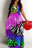 Rainbow Color Graphics Print Backless Spaghetti Strap Floor Length Vacation Baggy Sundress Slip Maxi Dress