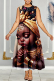 Casual Figure Print O Neck Sleeveless Long Loose Vacation Plus Size Pleated Maxi Tank Dresses