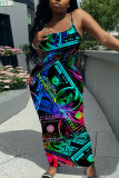 Casual Graphics Print Backless Spaghetti Strap Long Vacation Plus Size Bodycon Maxi Slip Dresses