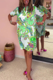 Casual Boho Floral Print V Neck Short Sleeve Vacation Loose Mini Shirt Dress