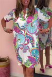 Casual Boho Floral Print V Neck Short Sleeve Vacation Loose Mini Shirt Dress