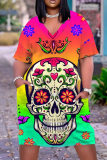 Casual Graphics Print Basic V Neck Short Sleeve Loose Pockets Midi T-Shirt Dress