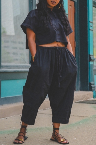 Casual Short Sleeve Crop Blouse And Harem Leg Pants Pocket Vacation Two Pieces Trouser Sets