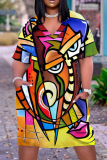 Casual Graphics Print Basic V Neck Short Sleeve Loose Pockets Midi T-Shirt Dress
