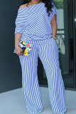 Casual Striped Print Oblique Collar 3/4 Sleeve Blouse And Wide Leg Pants Vacation Two Pieces Trouser Sets