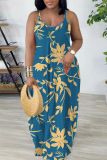 Sexy Floral Print Backless Spaghetti Strap Floor Length Vacation Baggy Sundress Slip Maxi Dress