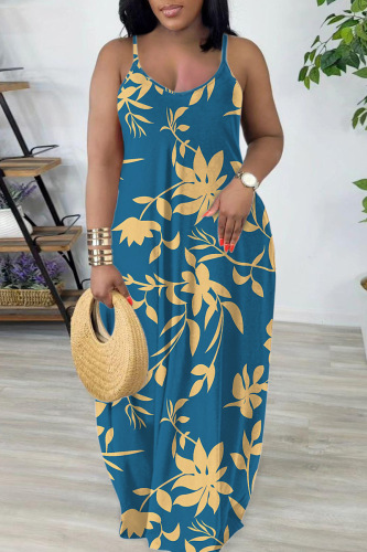 Sexy Floral Print Backless Spaghetti Strap Floor Length Vacation Baggy Sundress Slip Maxi Dress
