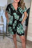 Casual Leaf Print V Neck Short Sleeve Cinch Waist Vacation Rompers