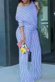 Casual Striped Print Oblique Collar 3/4 Sleeve Blouse And Wide Leg Pants Vacation Two Pieces Trouser Sets